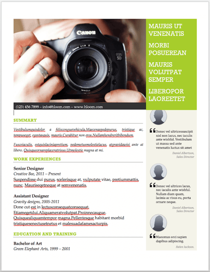 resume templates for word: Photographer's resume template